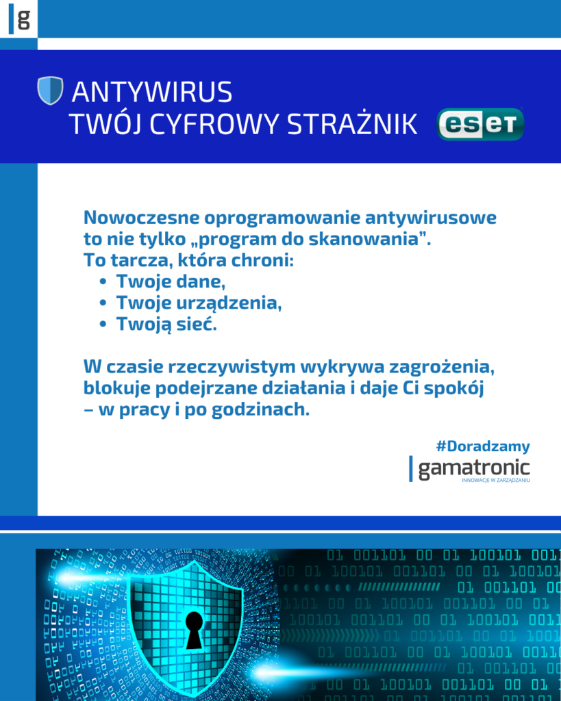 Antywirus to Twój cyfrowy strażnik.
Nowoczesne oprogramowanie antywirusowe to nie tylko „program do skanowania”. To tarcza, która chroni Twoje dane, urządzenia i sieć. W czasie rzeczywistym wykrywa zagrożenia, blokuje podejrzane działania i daje Ci spokój – w pracy i po godzinach.
#Doradzamy Gamatronic