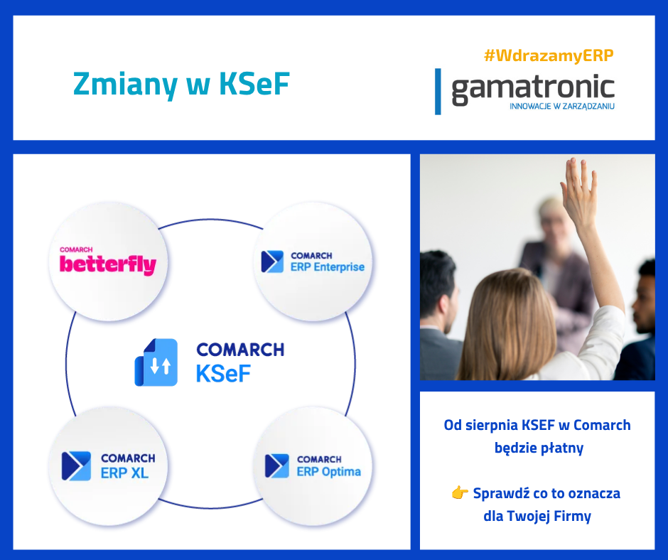 Zmiany w KSeF
Od sierpnia KSEF w Comarch będzie płatny
Sprawdź co to oznacza dla Twojej Firmy
Gamatronic - Innowacje w Zarządzaniu
#WdrazamyERP #KSeF